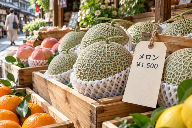 Japanese melons in a market crate with a clearly visible ¥1,500 price tag.