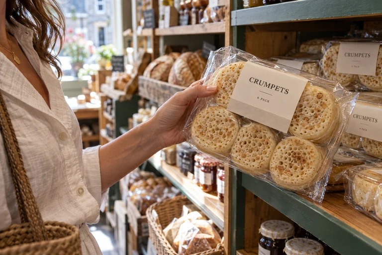 A shopper holding a packet of crumpets in a neighbourhood grocery, ready to choose breakfast for her stay.